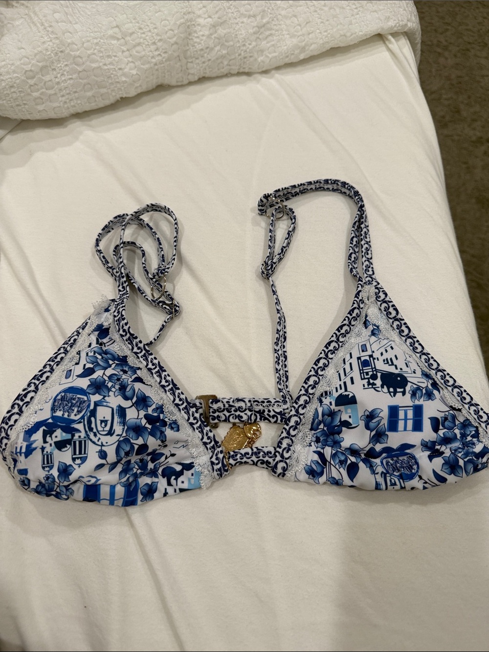 Blue & White Floral Triangle Bikini Top